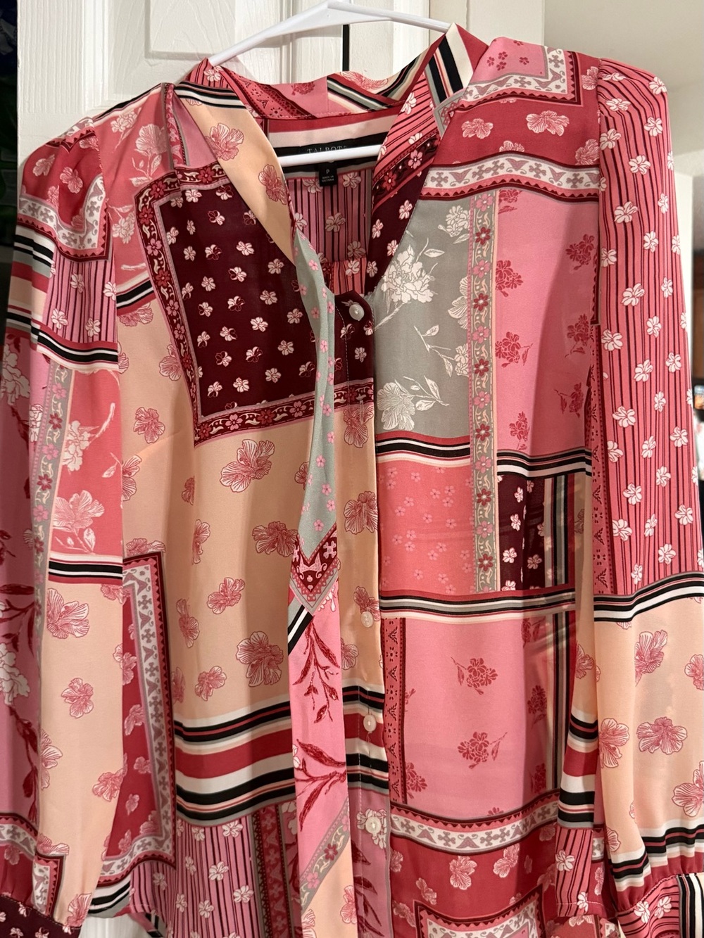 Talbots Patchwork Print Satin Blouse - Pink, Cream, Red